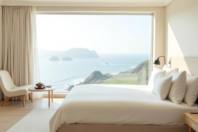 A luxurious boutique hotel room overlooking the rugged Wild Atlantic Way, featuring crisp cream Textilia bedding and a minimalist aesthetic.